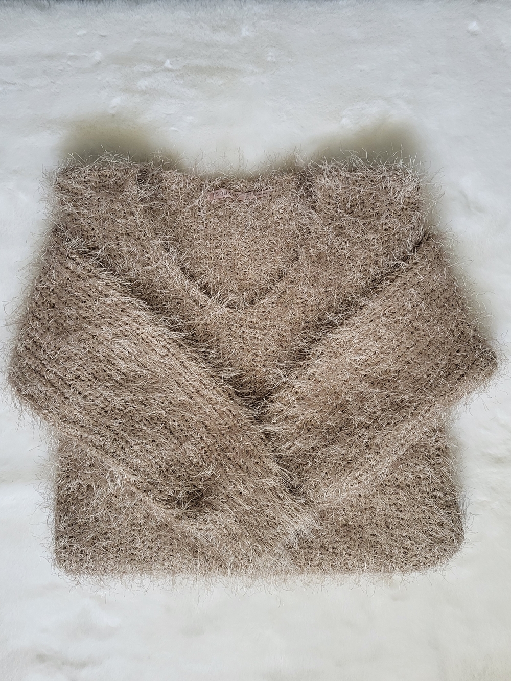 ESQUALO Women's Oversized V-Neck Eyelash Knit Sweater in Beige Size L Shaggy - Picture 2 of 10